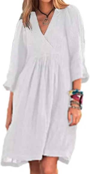 Womens Dresses Summer Cotton Linen 3/4 Sleeve V Neck Midi Dress Casual Loose Fit Beach Vacation Dress 2025