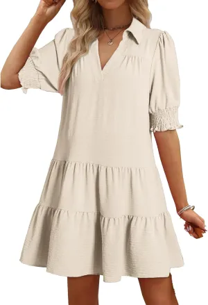 Womens Dresses V Neck Batwing Sleeve Loose Fit Mini Dress Flowy Swing Tiered Layered Baggy Dresses Summer Sundress