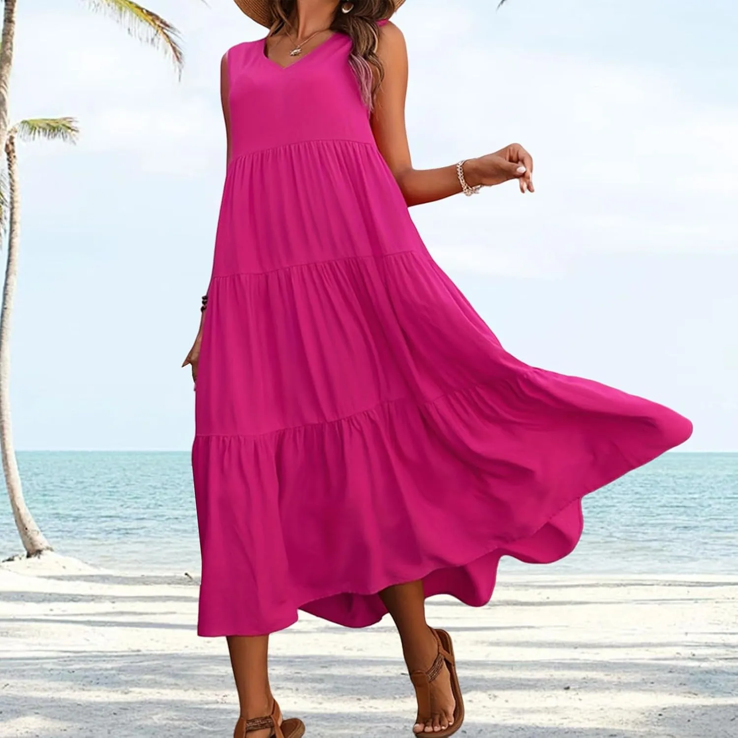 Womens Dresses V Neck Sleeveless Maxi Dress Summer Ruffle Elegant Tiered Layered Cocktail Party Dresses 2025