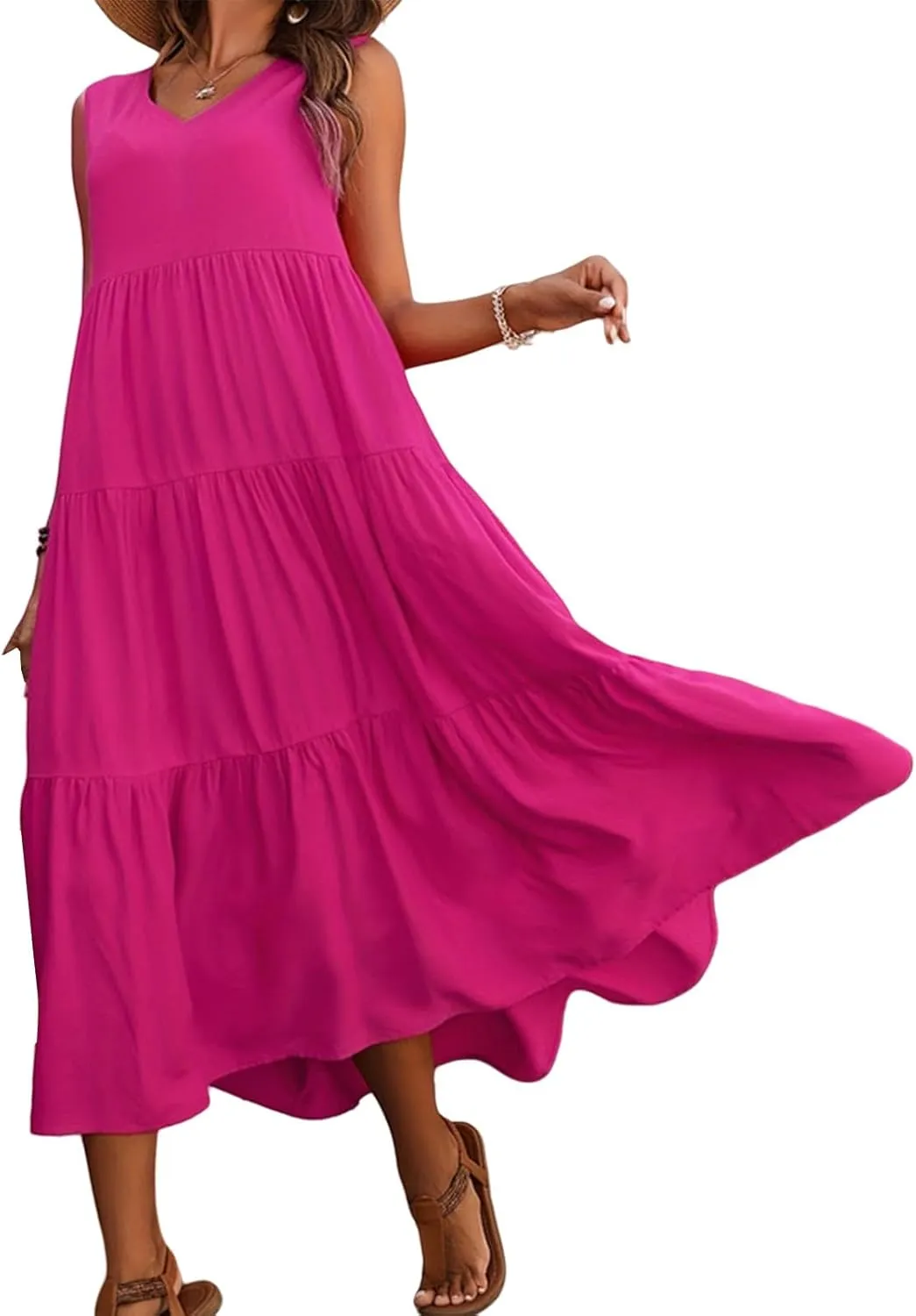Womens Dresses V Neck Sleeveless Maxi Dress Summer Ruffle Elegant Tiered Layered Cocktail Party Dresses 2025