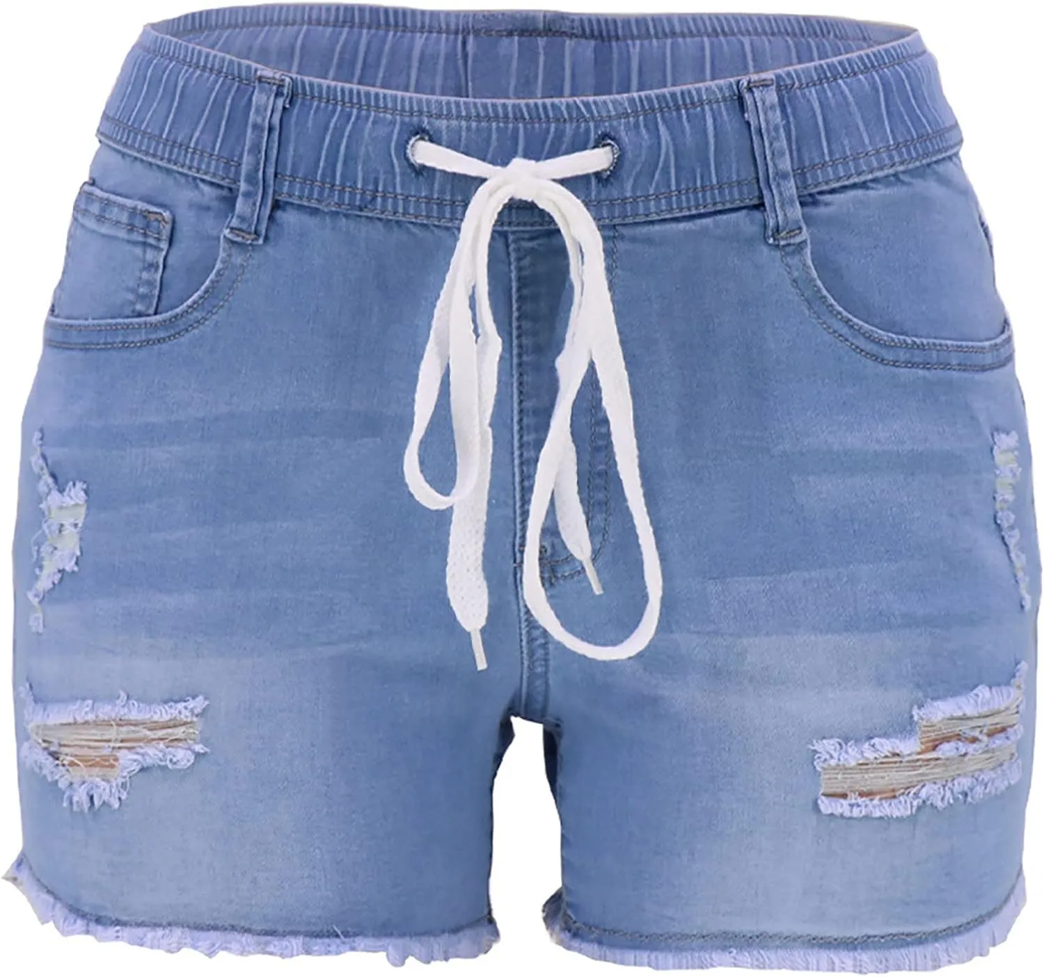 Women's Elastic Waist Ripped Denim Shorts Casual Skinny Pull On Shorts High Waisted Jean Shorts Cute Summer Shorts