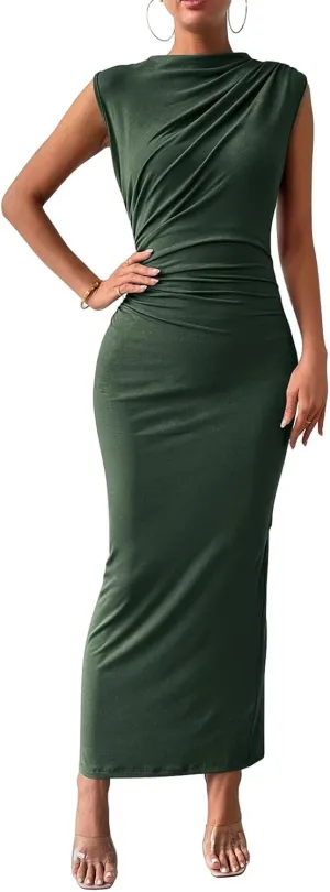 Women's Elegant Bodycon Long Dress Sleeveless Back Split Slim Dresses Sexy Ruched Evening Party Cocktail Maxi Dress