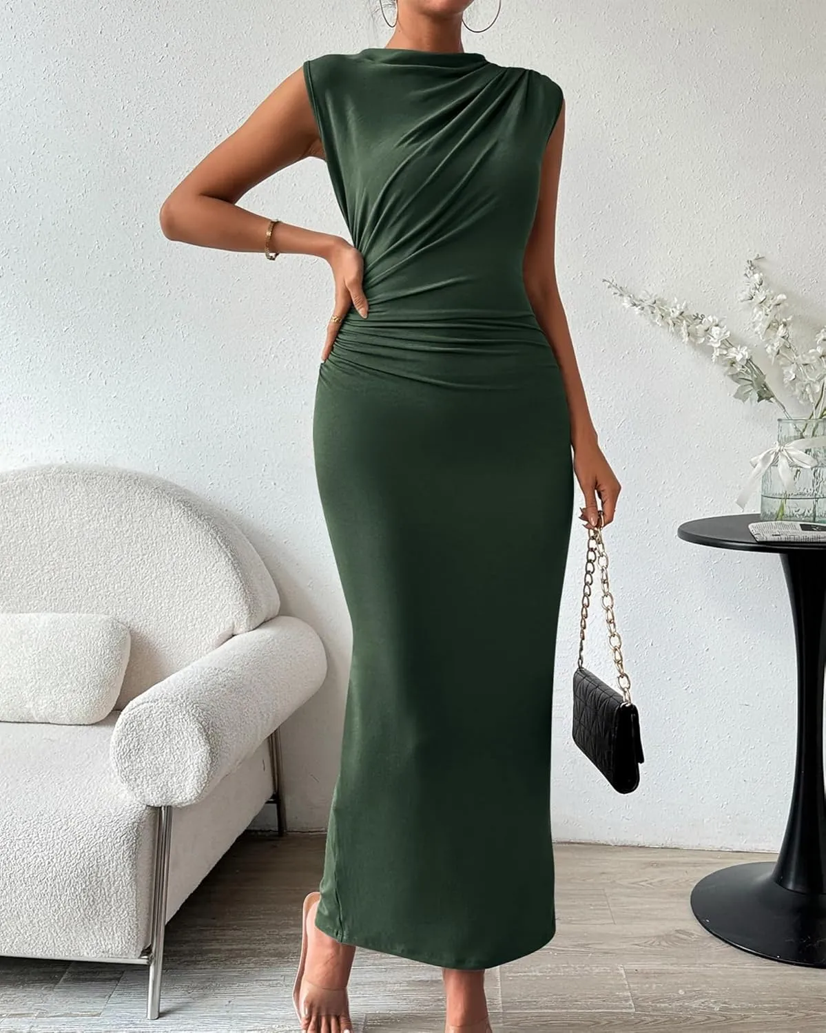 Women's Elegant Bodycon Long Dress Sleeveless Back Split Slim Dresses Sexy Ruched Evening Party Cocktail Maxi Dress