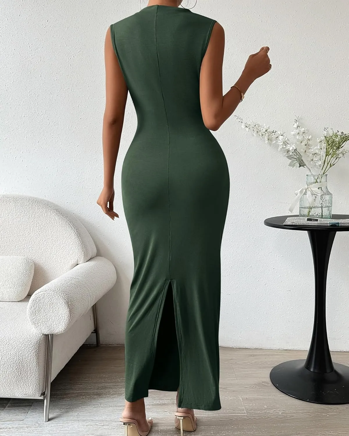 Women's Elegant Bodycon Long Dress Sleeveless Back Split Slim Dresses Sexy Ruched Evening Party Cocktail Maxi Dress