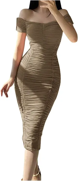 Womens Elegant Party Dress Bodycon Pencil Dresses Cold Shoulder Short Sleeve Prom Formal Dress Cocktail Dresses
