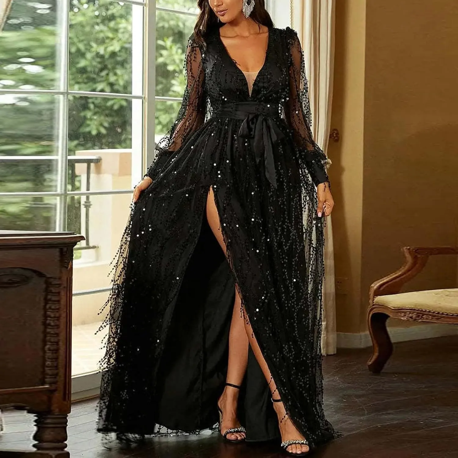 Womens Fall Dresses Sexy Deep V Neck Mesh Lantern Sleeve Maxi Dress Sparkly Sequin Split Waistband Ball Gown Dresses