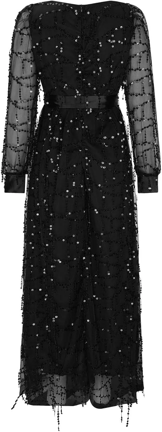 Womens Fall Dresses Sexy Deep V Neck Mesh Lantern Sleeve Maxi Dress Sparkly Sequin Split Waistband Ball Gown Dresses