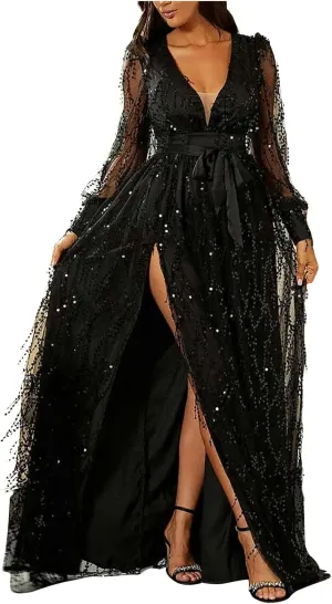 Womens Fall Dresses Sexy Deep V Neck Mesh Lantern Sleeve Maxi Dress Sparkly Sequin Split Waistband Ball Gown Dresses