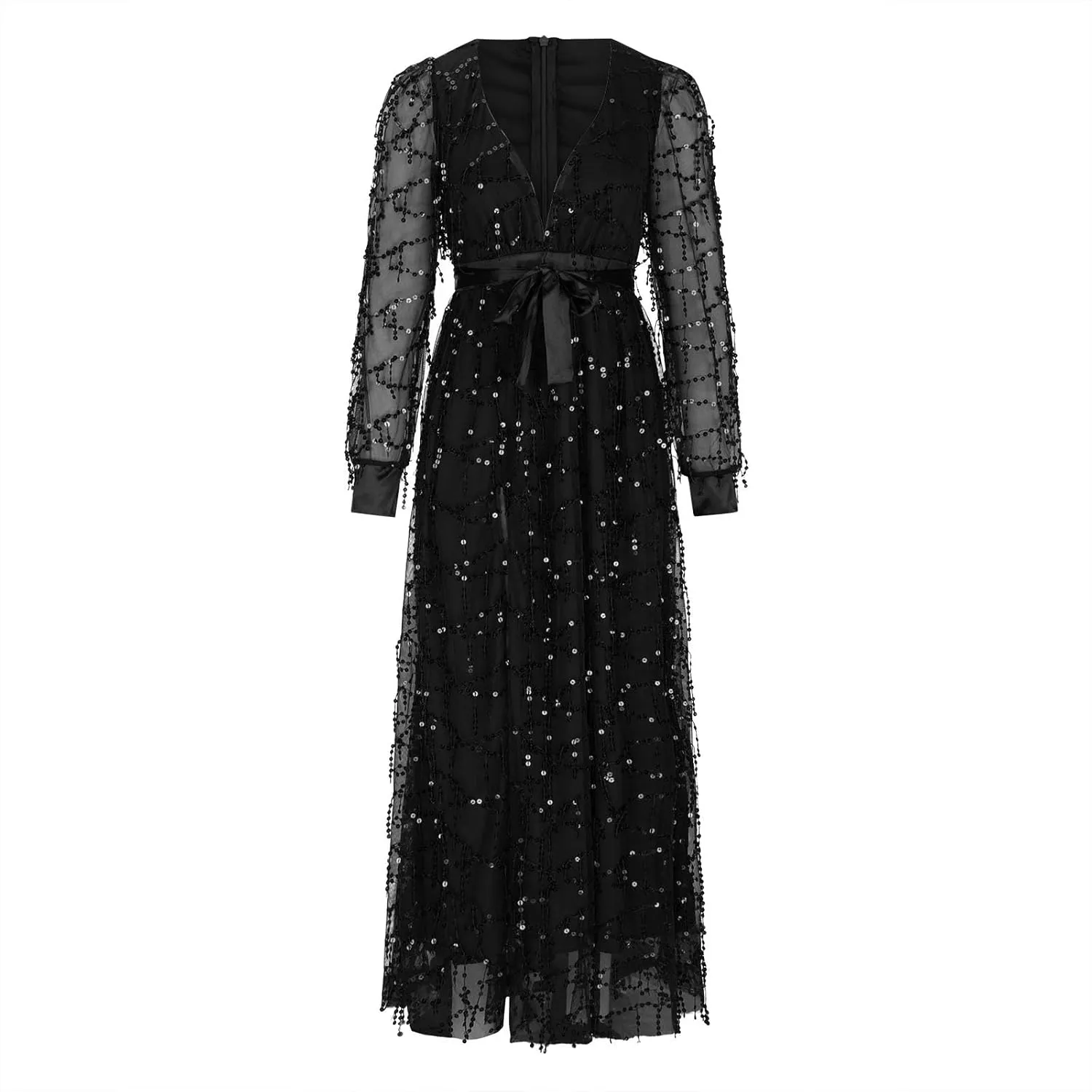 Womens Fall Dresses Sexy Deep V Neck Mesh Lantern Sleeve Maxi Dress Sparkly Sequin Split Waistband Ball Gown Dresses