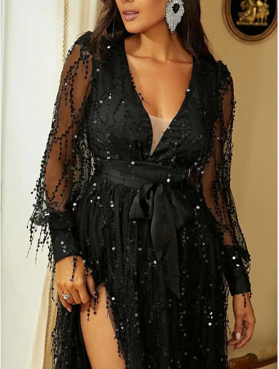 Womens Fall Dresses Sexy Deep V Neck Mesh Lantern Sleeve Maxi Dress Sparkly Sequin Split Waistband Ball Gown Dresses