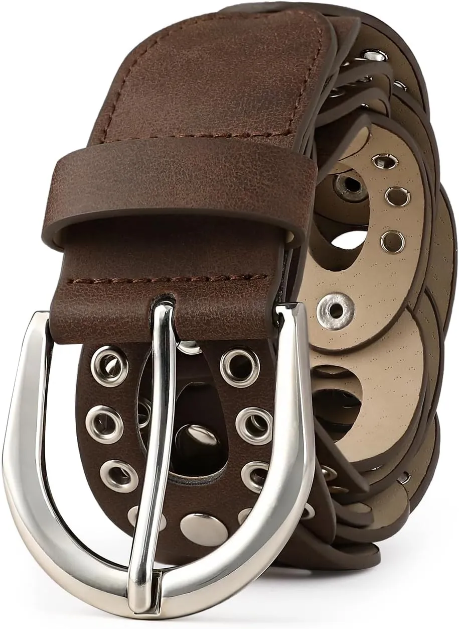 Women's Fashion Belt Dark Green Leather with Silver Grommet Hollow Design Waist Belt for Pants Jeans Dresses