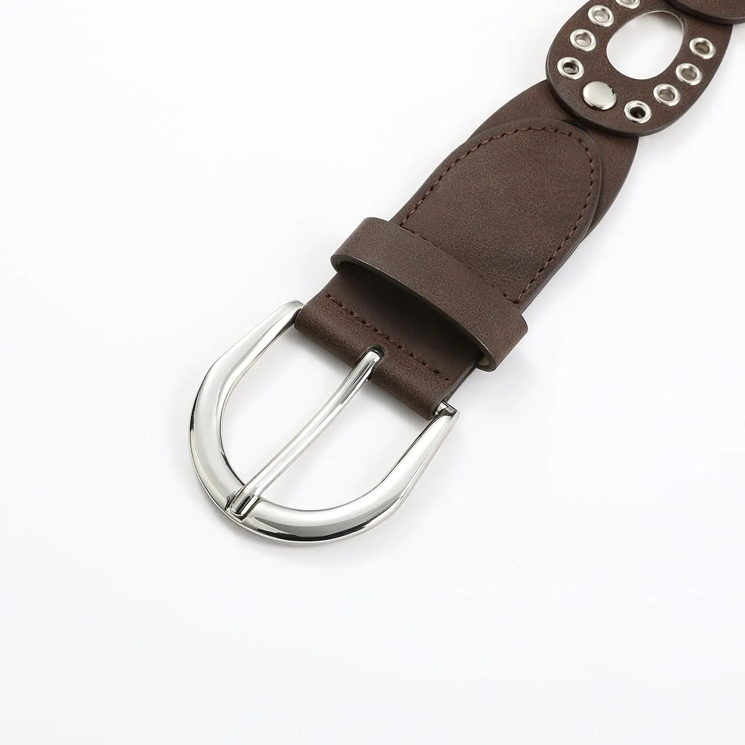 Women's Fashion Belt Dark Green Leather with Silver Grommet Hollow Design Waist Belt for Pants Jeans Dresses