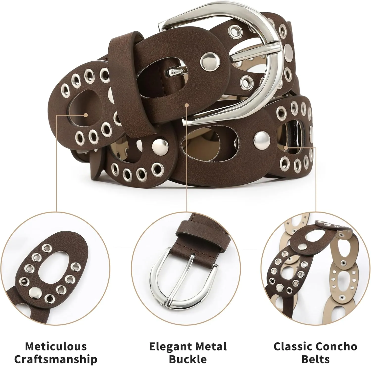 Women's Fashion Belt Dark Green Leather with Silver Grommet Hollow Design Waist Belt for Pants Jeans Dresses
