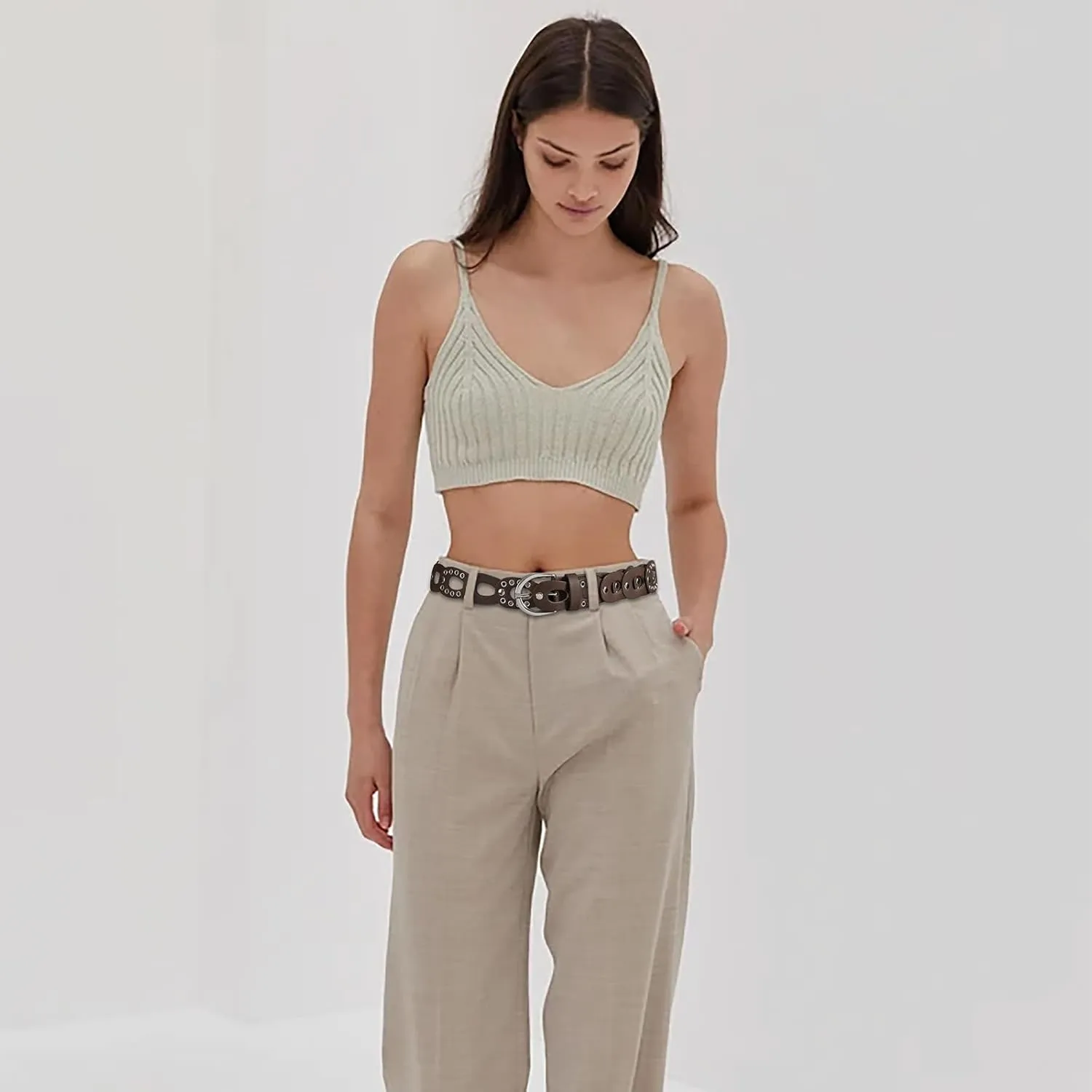 Women's Fashion Belt Dark Green Leather with Silver Grommet Hollow Design Waist Belt for Pants Jeans Dresses