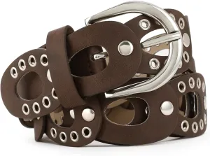 Women's Fashion Belt Dark Green Leather with Silver Grommet Hollow Design Waist Belt for Pants Jeans Dresses