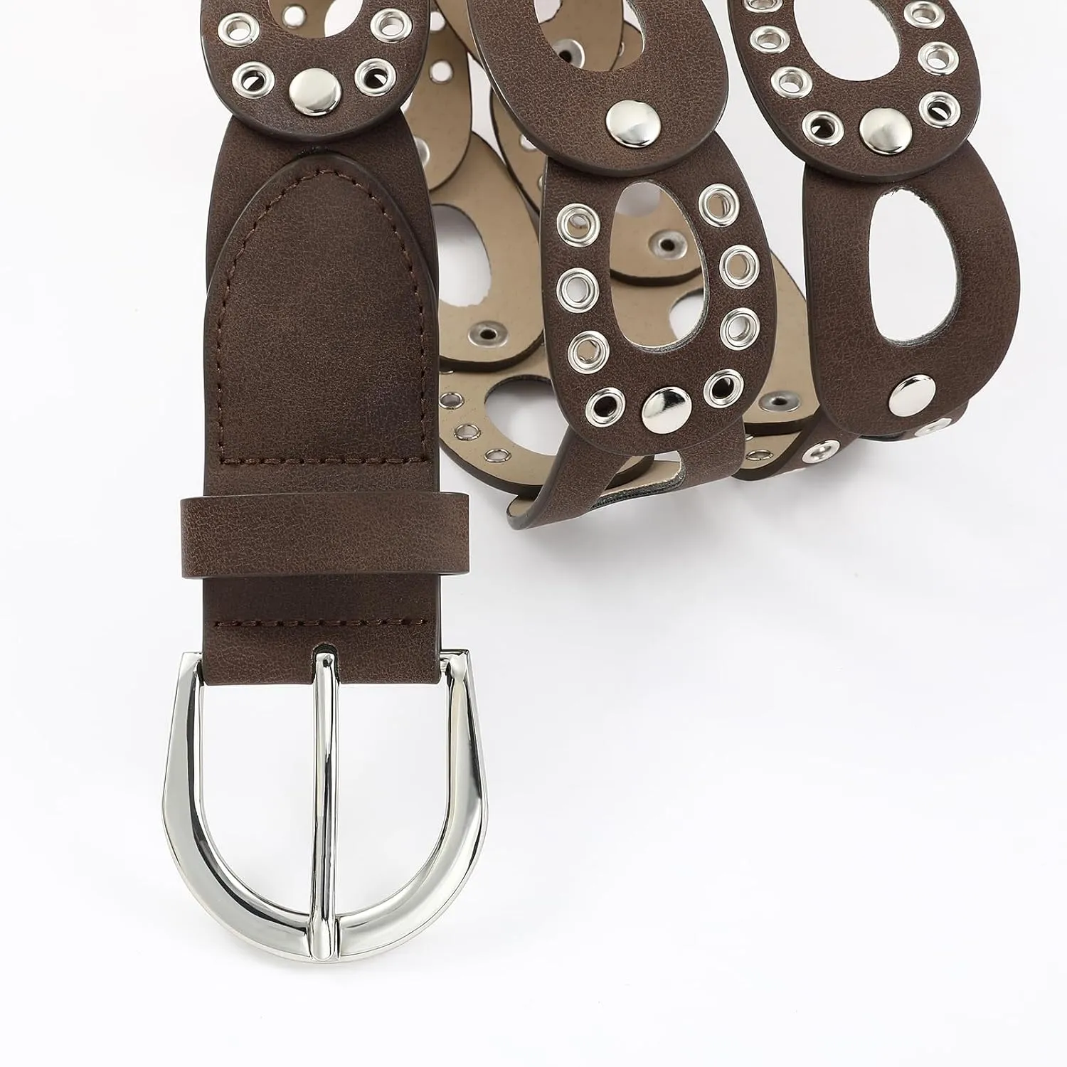 Women's Fashion Belt Dark Green Leather with Silver Grommet Hollow Design Waist Belt for Pants Jeans Dresses
