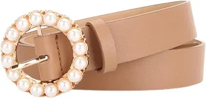 Women's Faux Leather Belt Elegant Pearl Gold Metal Buckle Belt for Dress Fashion Slimming Beaded Casual Jeweled Belt