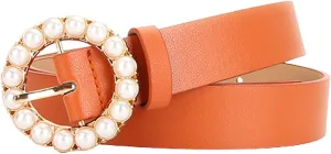 Women's Faux Leather Belt Elegant Pearl Gold Metal Buckle Belt for Dress Fashion Slimming Beaded Casual Jeweled Belt