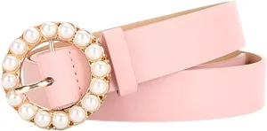 Women's Faux Leather Belt Elegant Pearl Gold Metal Buckle Belt for Dress Fashion Slimming Beaded Casual Jeweled Belt