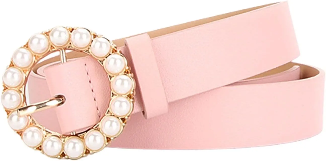 Women's Faux Leather Belt Elegant Pearl Gold Metal Buckle Belt for Dress Fashion Slimming Beaded Casual Jeweled Belt