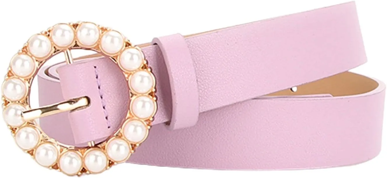 Women's Faux Leather Belt Elegant Pearl Gold Metal Buckle Belt for Dress Fashion Slimming Beaded Casual Jeweled Belt