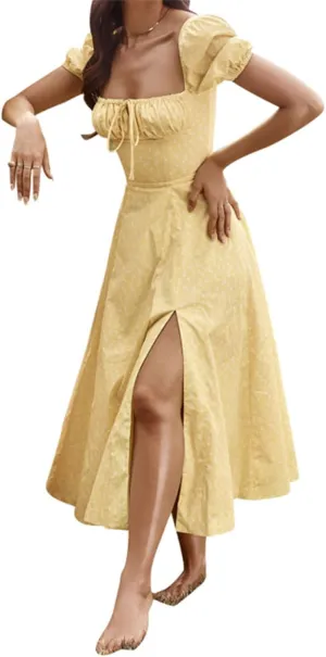 Womens Floral Dress Puff Sleeve Maxi Dress Sexy Square Neck Hem Split A-Line Beach Dresses Fashion Vacation Sundress