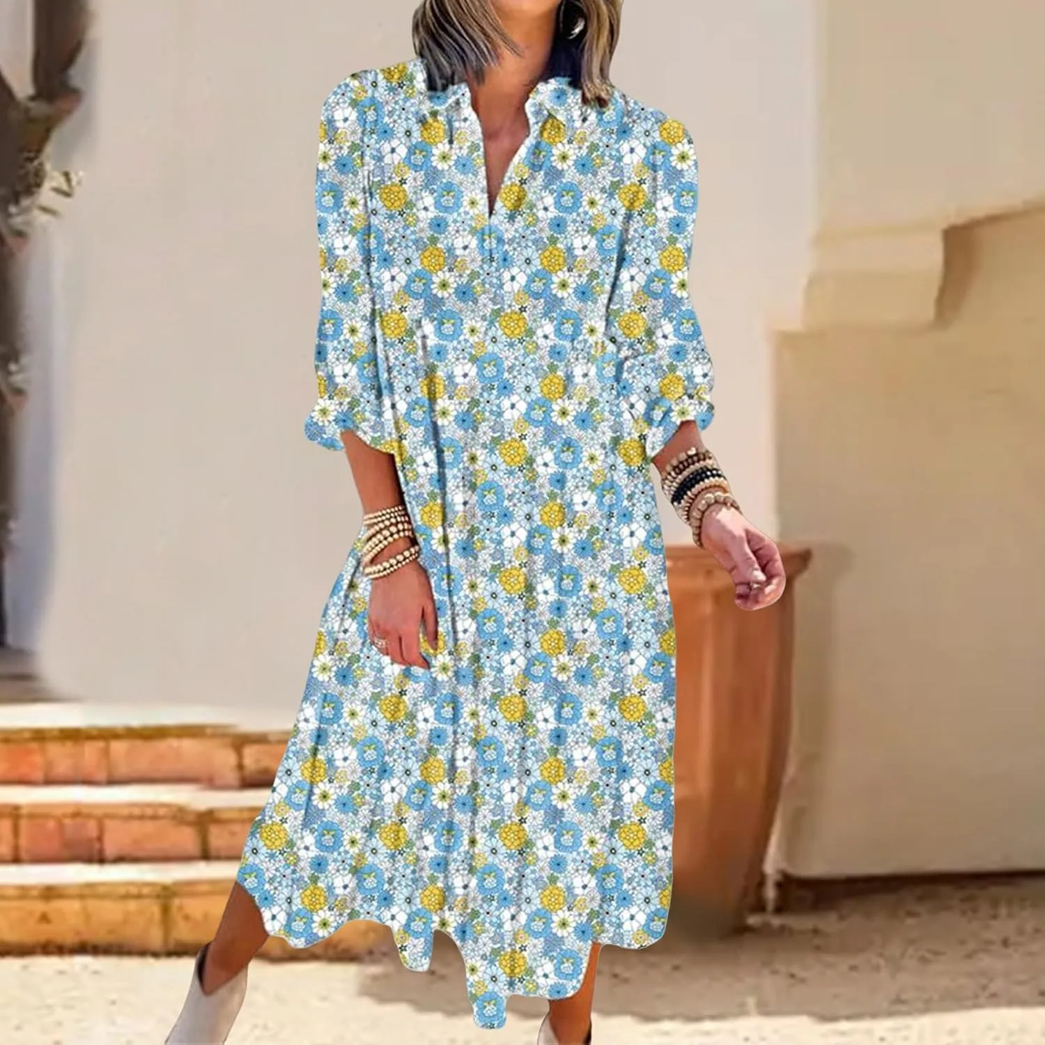 Women's Floral Maxi Dress Summer Boho V Neck Half Sleeve Ruffle Dresses A Line Flowy Beach Party Midi Dresses