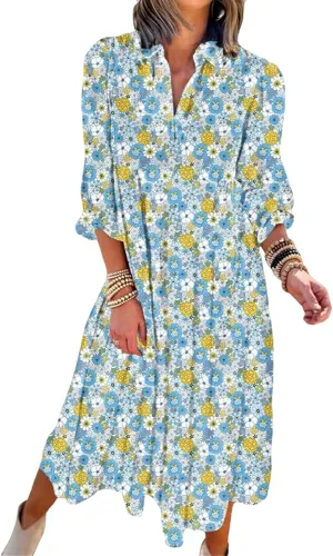 Women's Floral Maxi Dress Summer Boho V Neck Half Sleeve Ruffle Dresses A Line Flowy Beach Party Midi Dresses