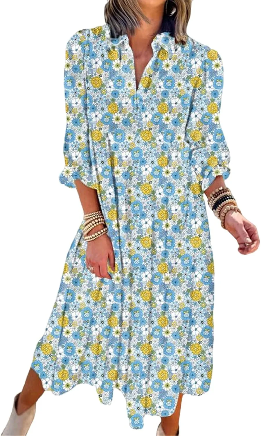 Women's Floral Maxi Dress Summer Boho V Neck Half Sleeve Ruffle Dresses A Line Flowy Beach Party Midi Dresses