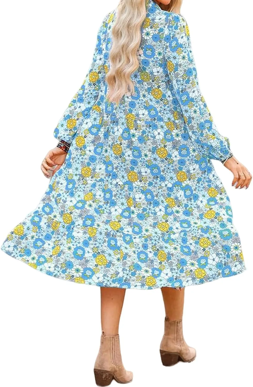 Women's Floral Maxi Dress Summer Boho V Neck Half Sleeve Ruffle Dresses A Line Flowy Beach Party Midi Dresses