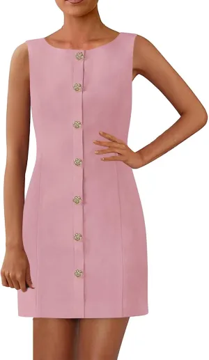 Women's Formal Dresses Sleeveless Button Down Mini Dresses Crewneck Bodycon Elegant Dress Fashion Summer Dress