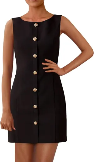 Women's Formal Dresses Sleeveless Button Down Mini Dresses Crewneck Bodycon Elegant Dress Fashion Summer Dress