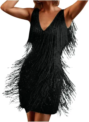 Womens Fringed Midi Skirt V Neck Sleeveless Sexy Dress for Women Casual Solid Elegant Nightclub Party Dress Outfits