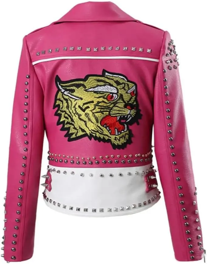 Women's Funky Punk Rock Embroidered Studded Leather Jacket - Vintage Retro Gothic Rockstar Motorcycle Genuine Leather Jacket