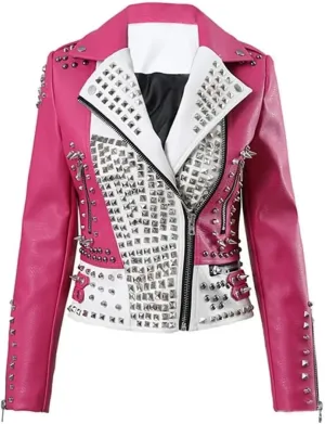 Women's Funky Punk Rock Embroidered Studded Leather Jacket - Vintage Retro Gothic Rockstar Motorcycle Genuine Leather Jacket