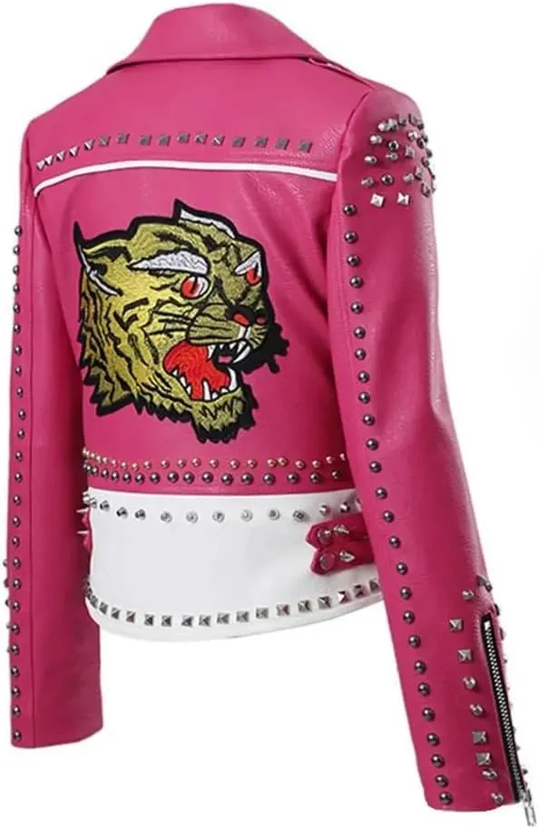 Women's Funky Punk Rock Embroidered Studded Leather Jacket - Vintage Retro Gothic Rockstar Motorcycle Genuine Leather Jacket
