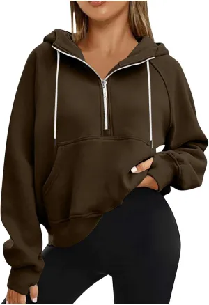 Womens Half Zip Sweatshirts Cropped Hoodies Fleece Jackets Quarter Zip Up Pullover Fall Outfits 2024 Winter Clothes
