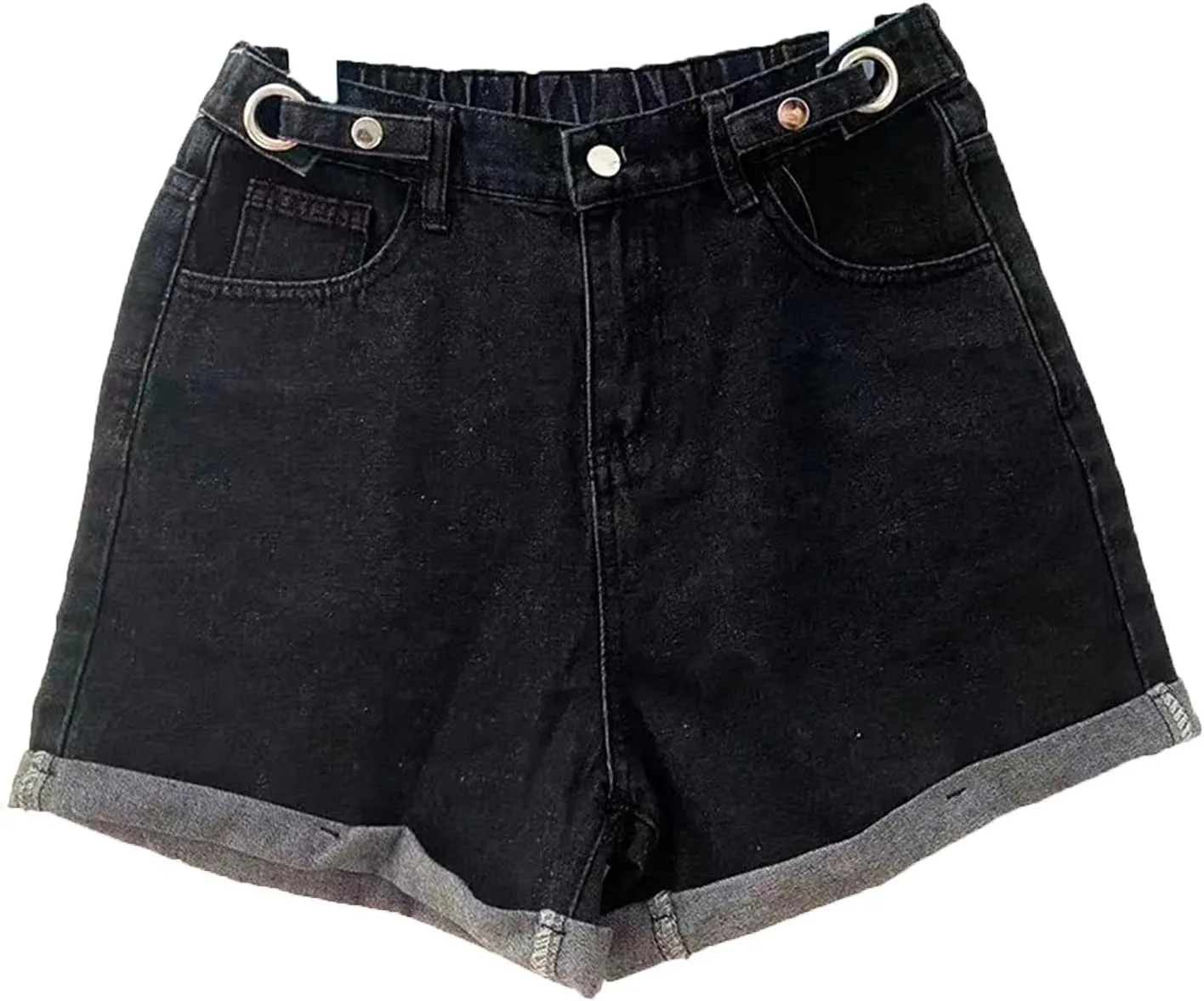 Women's High Waisted Denim Shorts Elastic Waist Folded Hem Hot Denim Shorts Straight Leg Hem Jean Shorts