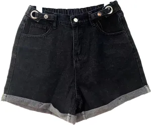 Women's High Waisted Denim Shorts Elastic Waist Folded Hem Hot Denim Shorts Straight Leg Hem Jean Shorts