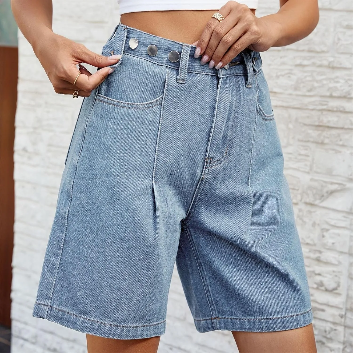 Womens High Waisted Jean Shorts Long Jean Shorts Summer Casual Button Down Baggy Denim Shorts with Pockets