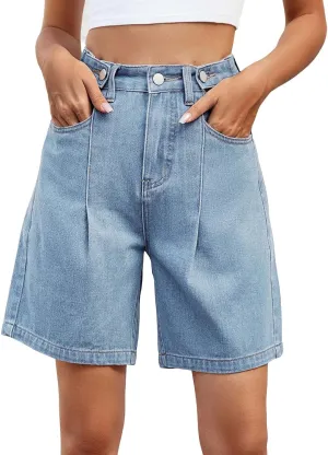 Womens High Waisted Jean Shorts Long Jean Shorts Summer Casual Button Down Baggy Denim Shorts with Pockets