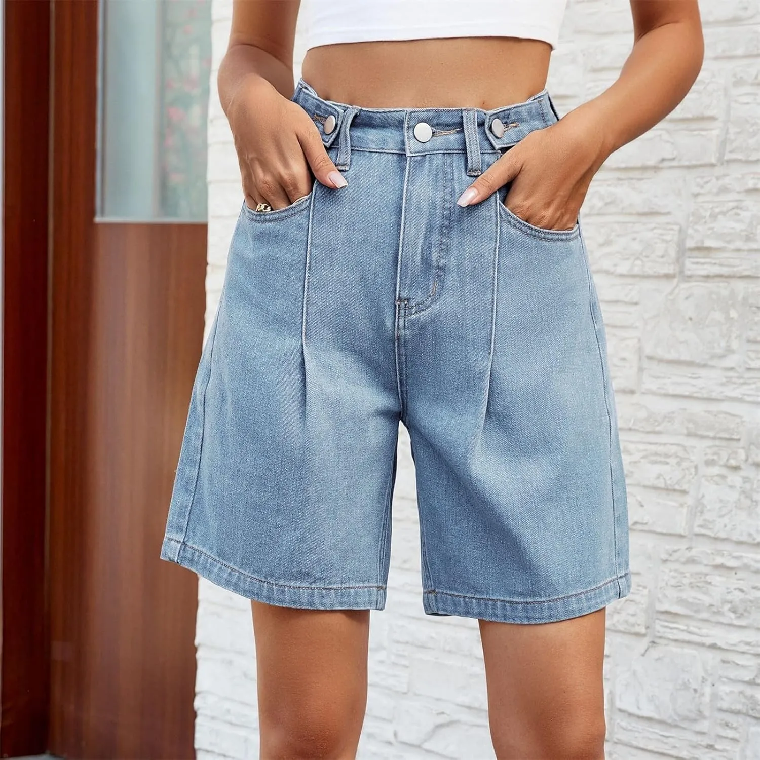 Womens High Waisted Jean Shorts Long Jean Shorts Summer Casual Button Down Baggy Denim Shorts with Pockets