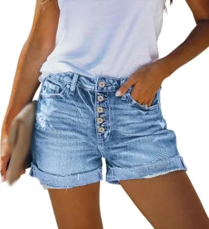 Women's Jean Shorts Button Fly Stretchy High Waisted Rolled Hem Summer Denim Shorts with Pockets Summer Casual Shorts