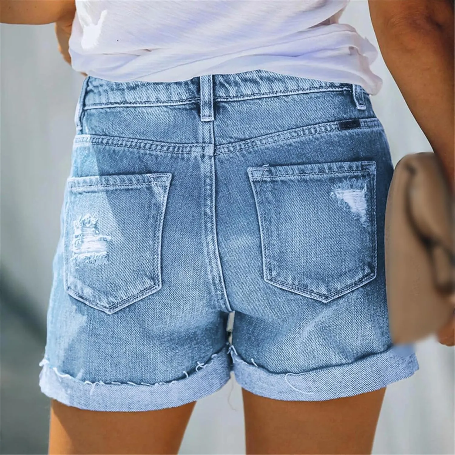 Women's Jean Shorts Button Fly Stretchy High Waisted Rolled Hem Summer Denim Shorts with Pockets Summer Casual Shorts