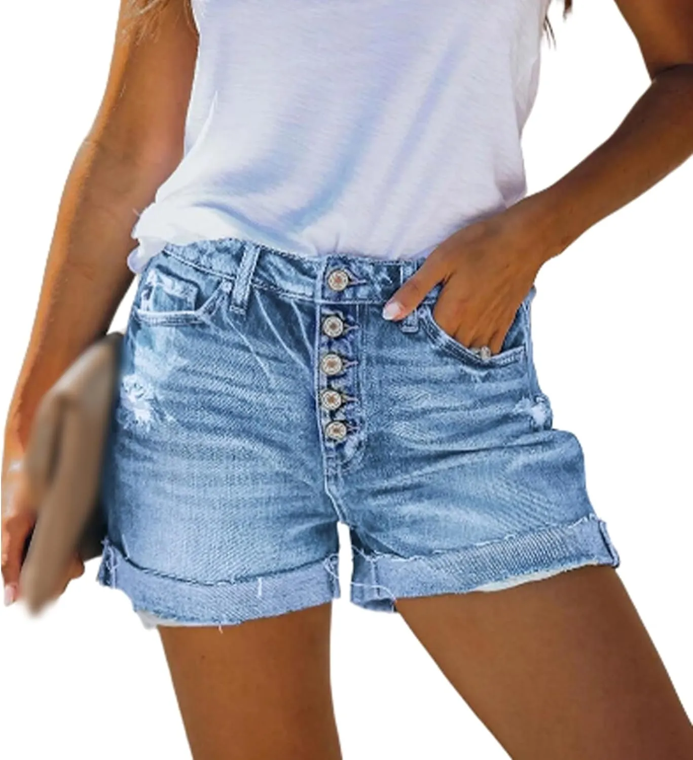 Women's Jean Shorts Button Fly Stretchy High Waisted Rolled Hem Summer Denim Shorts with Pockets Summer Casual Shorts
