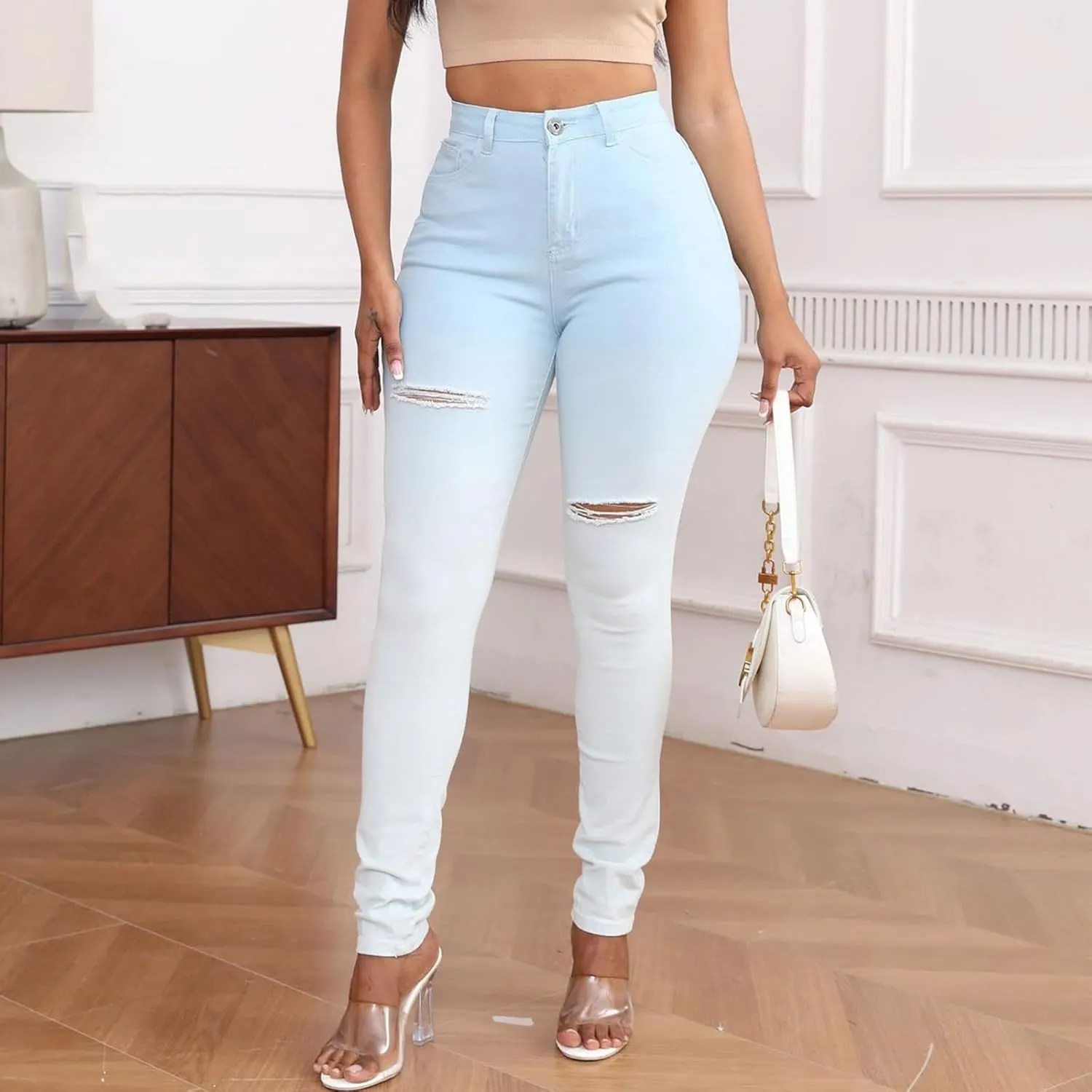 Womens Jeans High Waisted Tummy Control Skinny Denim Jeans Trendy Casual Ripped Stretchy Denim Pants