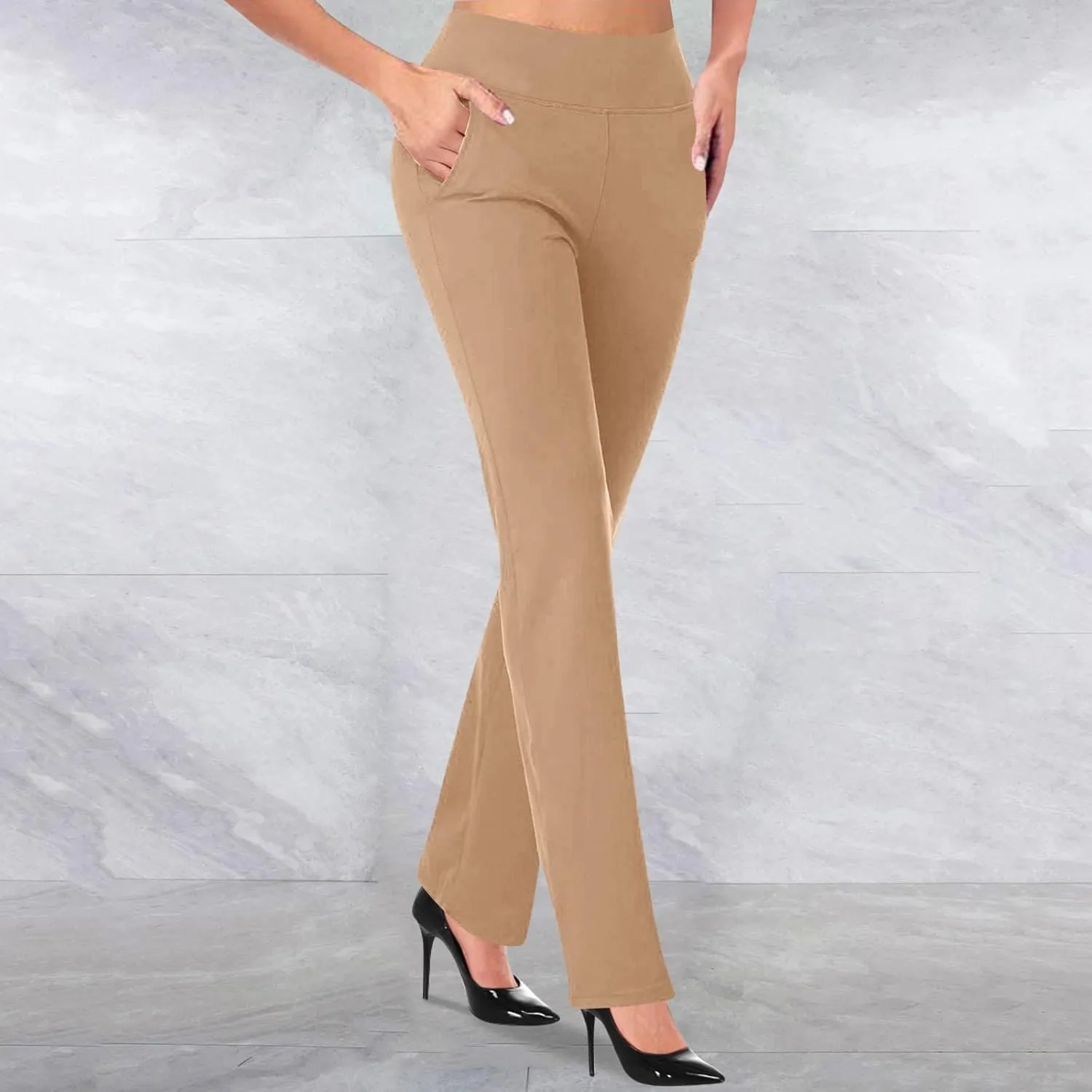Womens Knitted Flared Pants Solid Color Bell Bottom Pants with Pockets Solid High Waisted Straight Leg Trousers