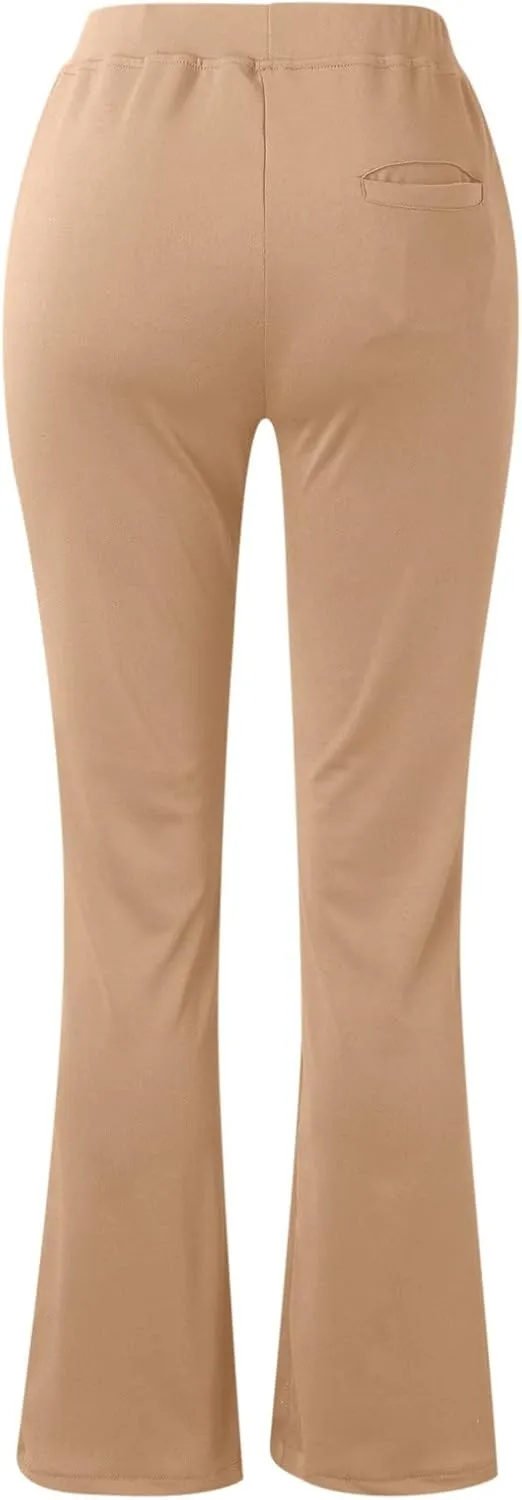 Womens Knitted Flared Pants Solid Color Bell Bottom Pants with Pockets Solid High Waisted Straight Leg Trousers