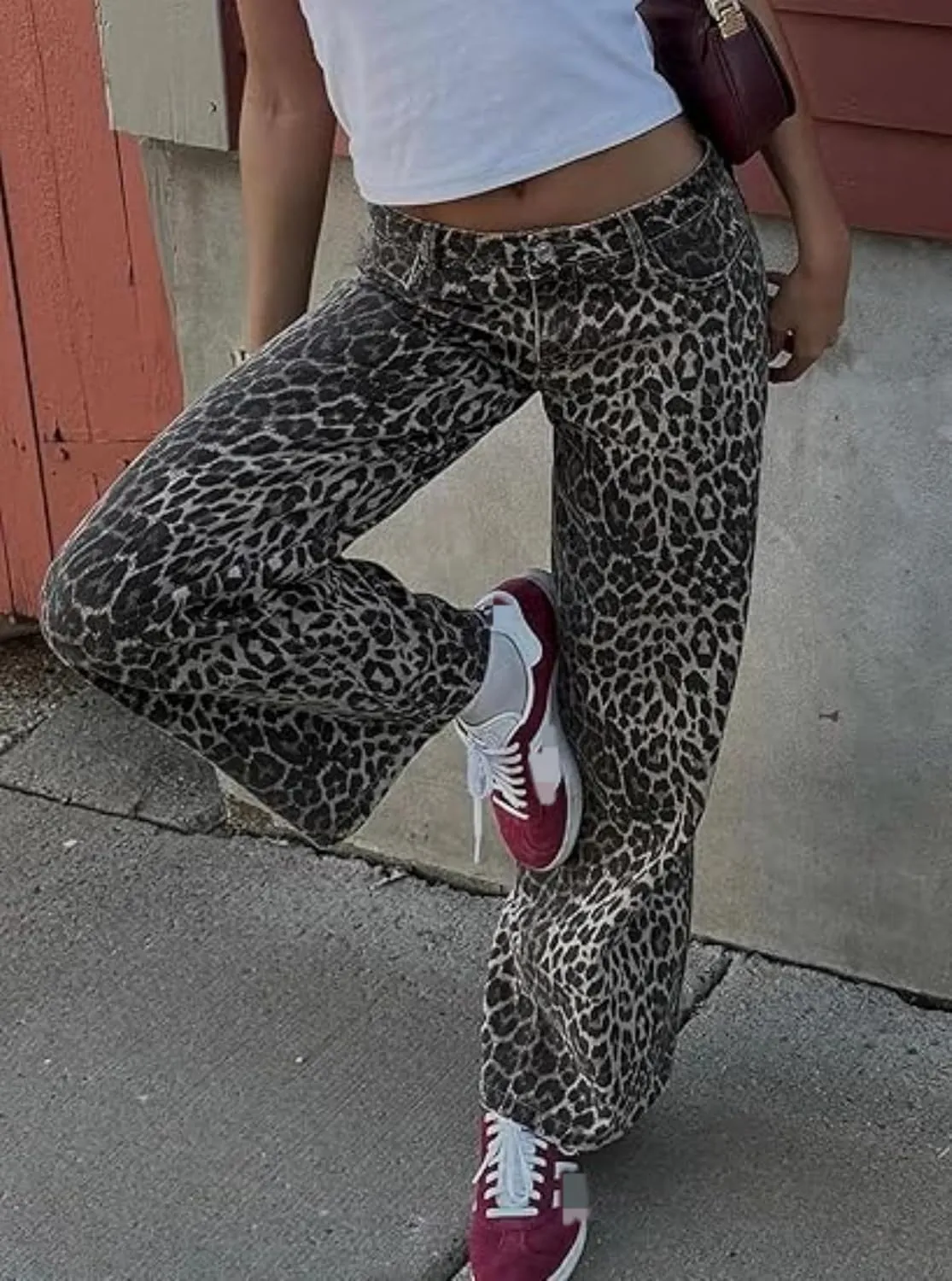 Women's Leopard Print Jeans Straight Leg Casual High Waisted Stretch Trendy Blue Jeans for Women