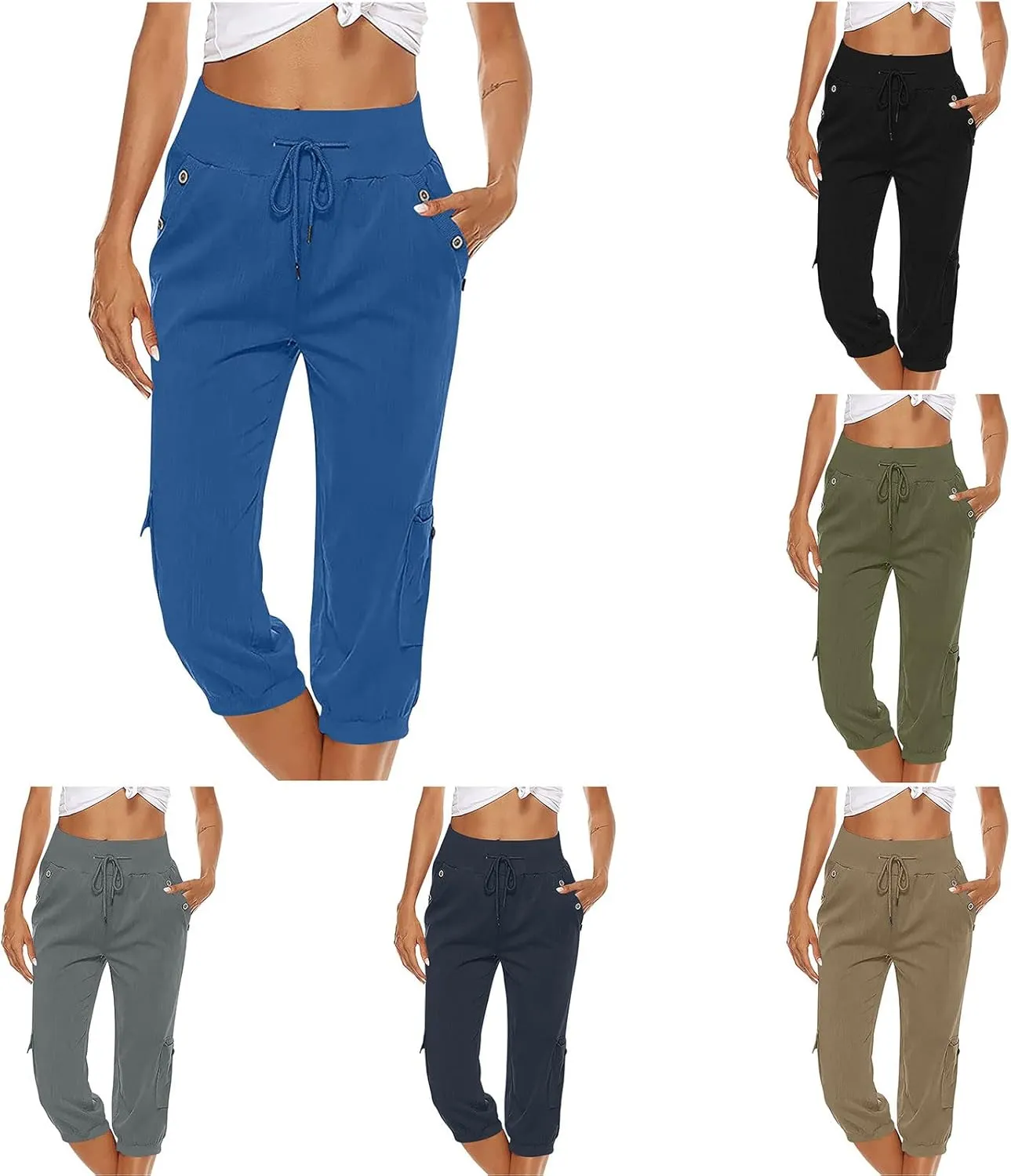 Women's Light Weight Summer Capris Cotton Linen Capri Pants Drawstring High Waist Pant Crop Workout Pants with Pockets